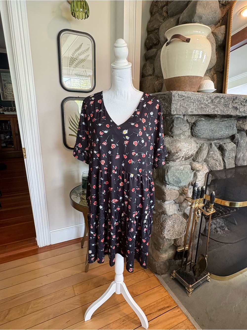 V-Neck Tiered Midi Dress in Black with Pink Floral Print